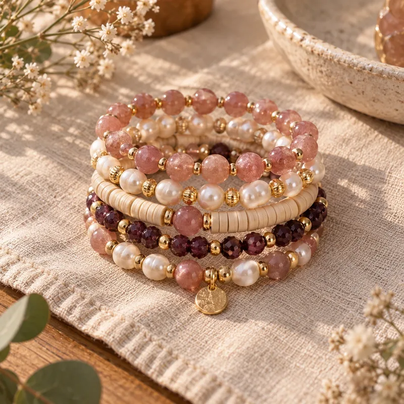 A stack of handmade beaded bracelets in gold, pearl and soft pink