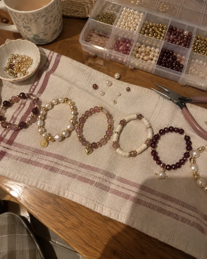 Handmade beaded bracelets laid out on a kitchen table