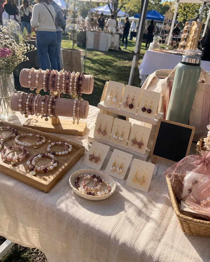 A small craft market table with handmade beaded jewelry on display